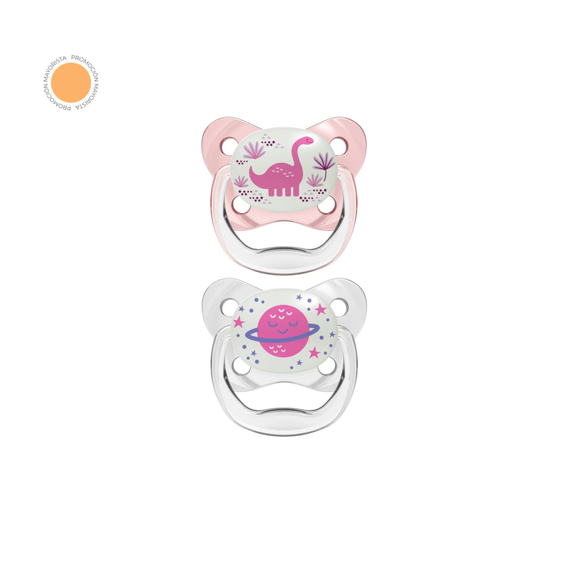 Chupete Prevent Noche Mariposa 6-18M 2UN Rosado