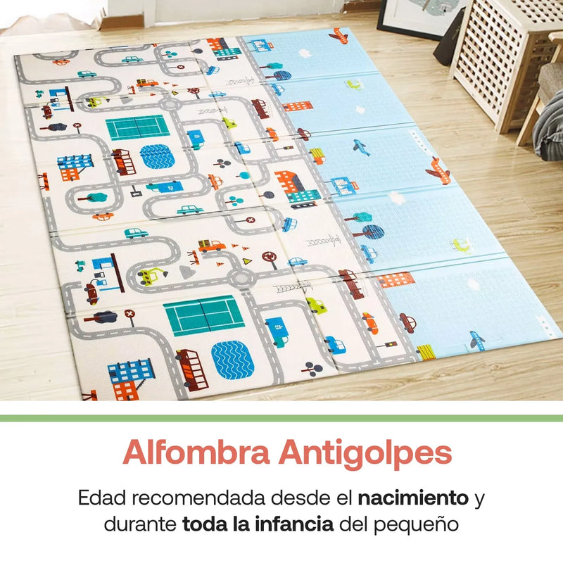 Alfombra Antigolpes Infantil Plegable 180X200 Oso y Ciudad, Bebesit