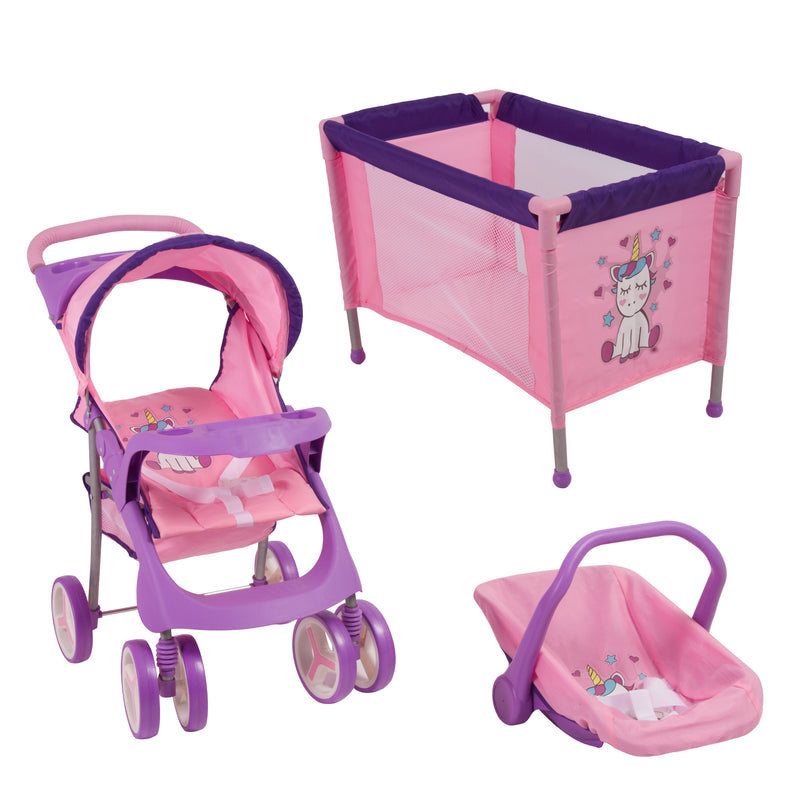 Juguete Coche Travel Muñeca con cuna unicornio, Bebesit