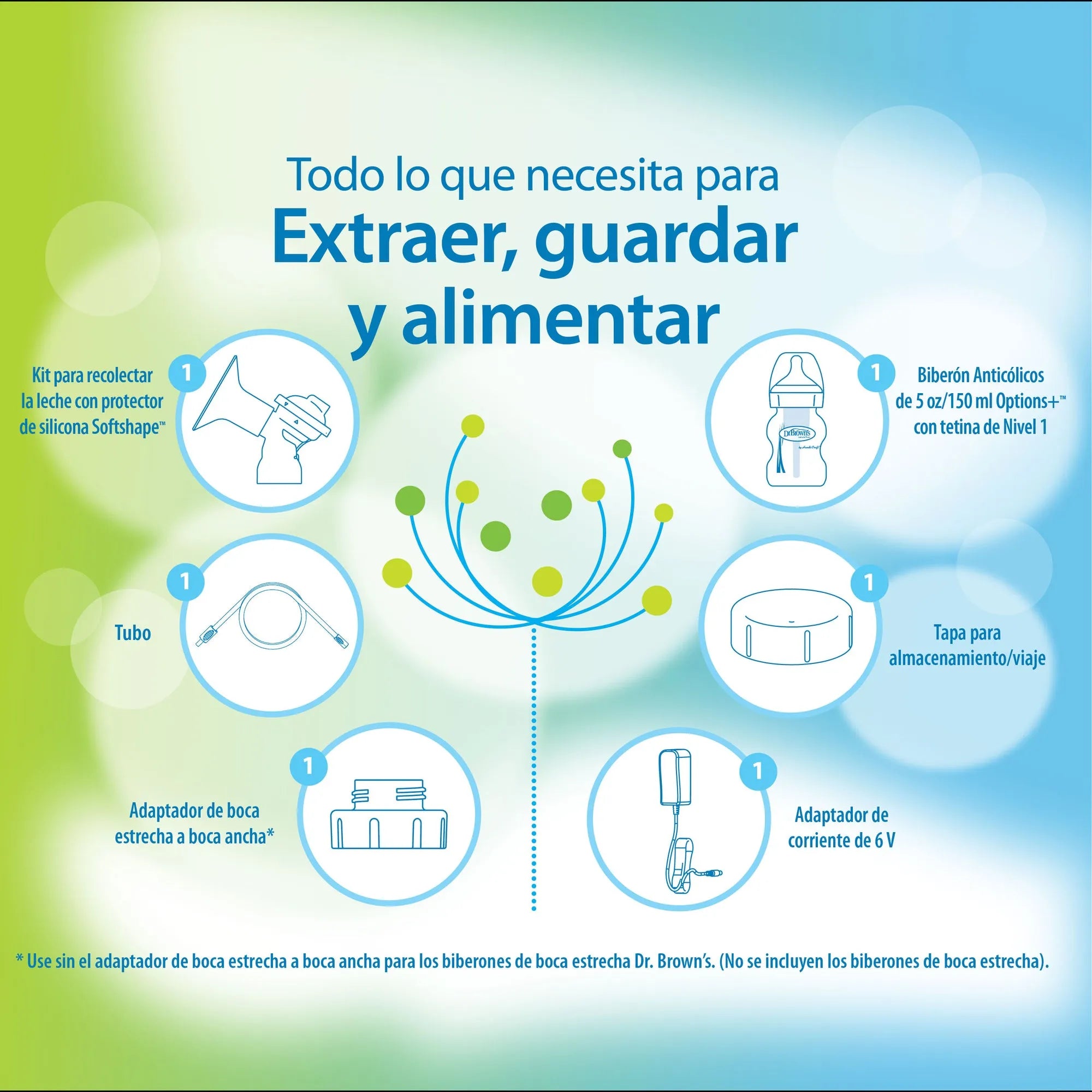 Extractor de Leche Eléctrico individual 220V c/ Mam Boca Ancha 150ml, Dr.Brown's.