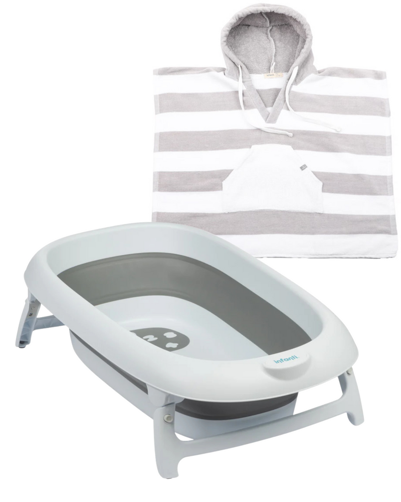 Pack Bañera plegable + Toalla de Baño Con Capucha Gris, Infanti