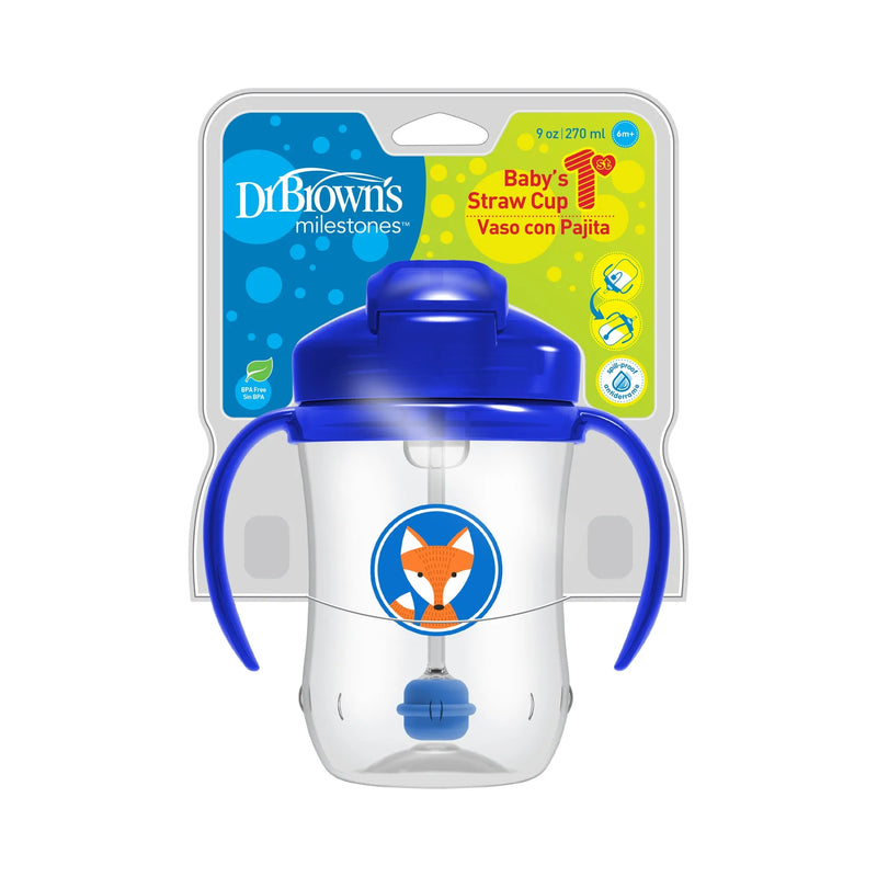 Vaso con asas y pajita 270ml 6M+ Azul, Dr.Brown&