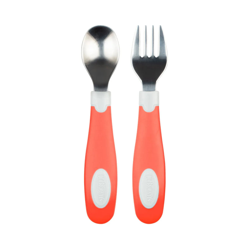 Set Tenedor y Cuchara agarre suave 12M+, Coral/Blanco