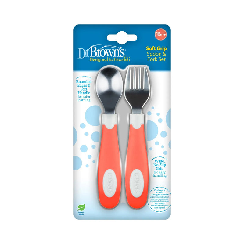 Set Tenedor y Cuchara agarre suave 12M+, Coral/Blanco
