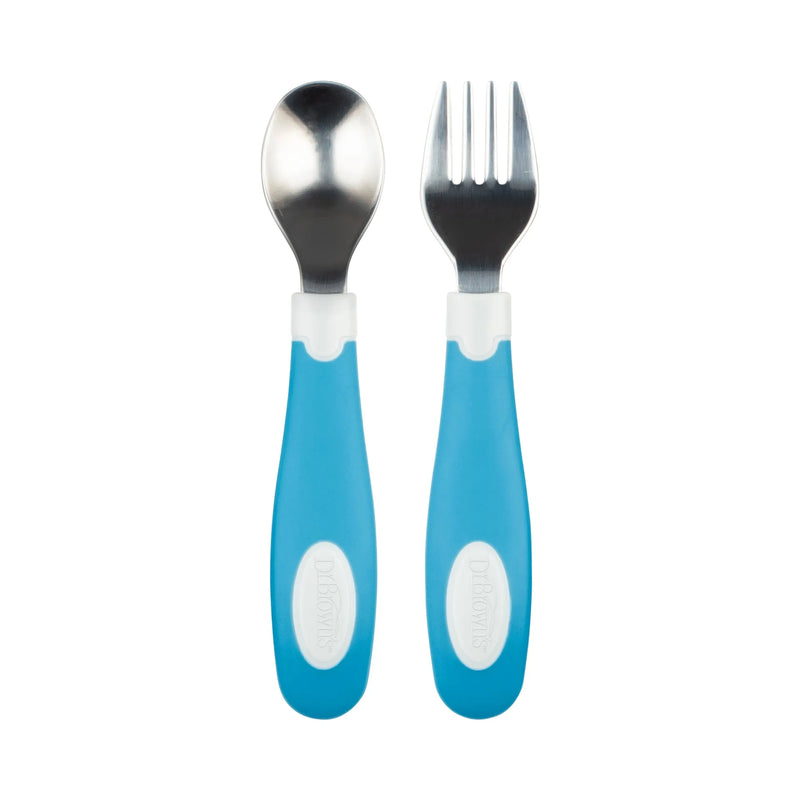 Set Tenedor y Cuchara agrarre suave 12M+, Azul/Blanco, Dr.Brown&