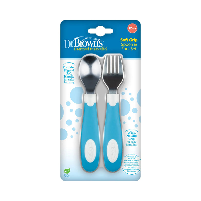 Set Tenedor y Cuchara agrarre suave 12M+, Azul/Blanco, Dr.Brown&