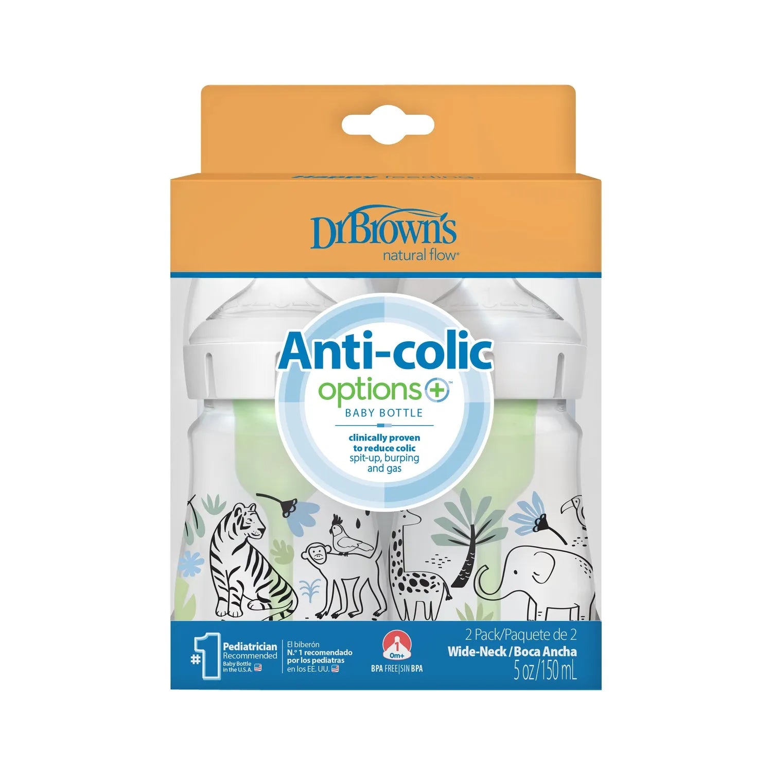 Pack 2 Mamaderas Anticólico Boca Ancha 150ml, Jungla, Dr. Brown's