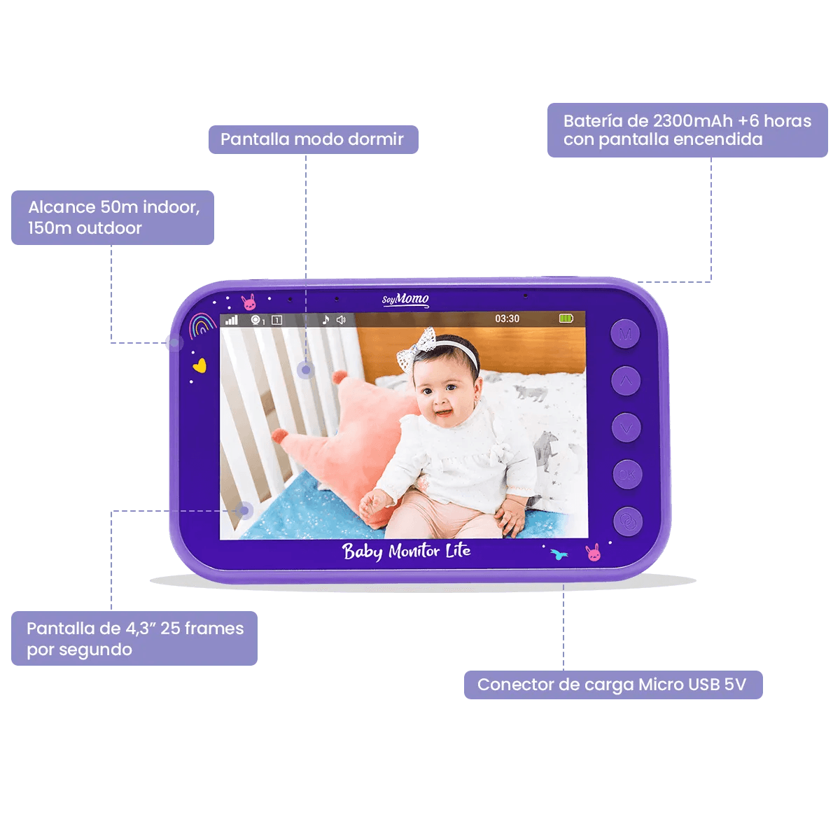 Baby Monitor Lite Morado - Pantalla 4,3, SoyMomo - Kidsclub