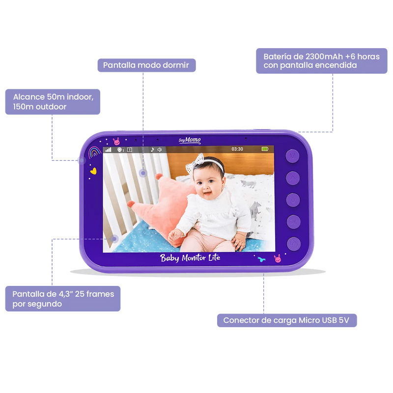 Baby Monitor Lite Morado - Pantalla 4,3, SoyMomo - KIDSCLUB Tienda ONLINE