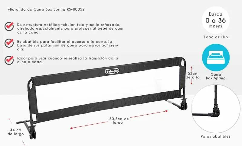 Baranda de seguridad Cama Box Spring Negro Rs-80052-3, Bebeglo - KIDSCLUB Tienda ONLINE