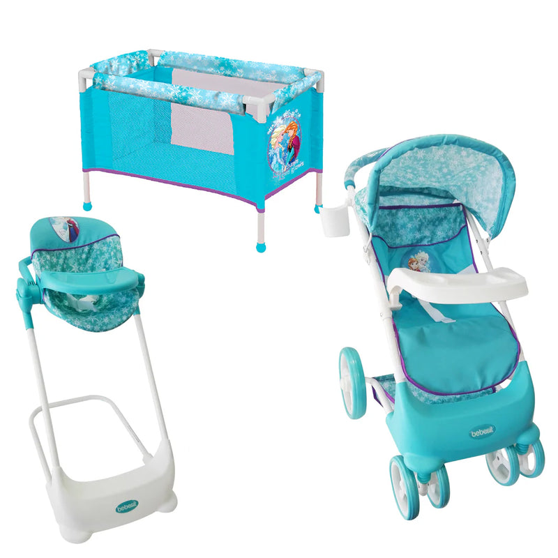 Juguete Cochecito Travel Muñeca, Cuna y Silla Comer Frozen, Disney