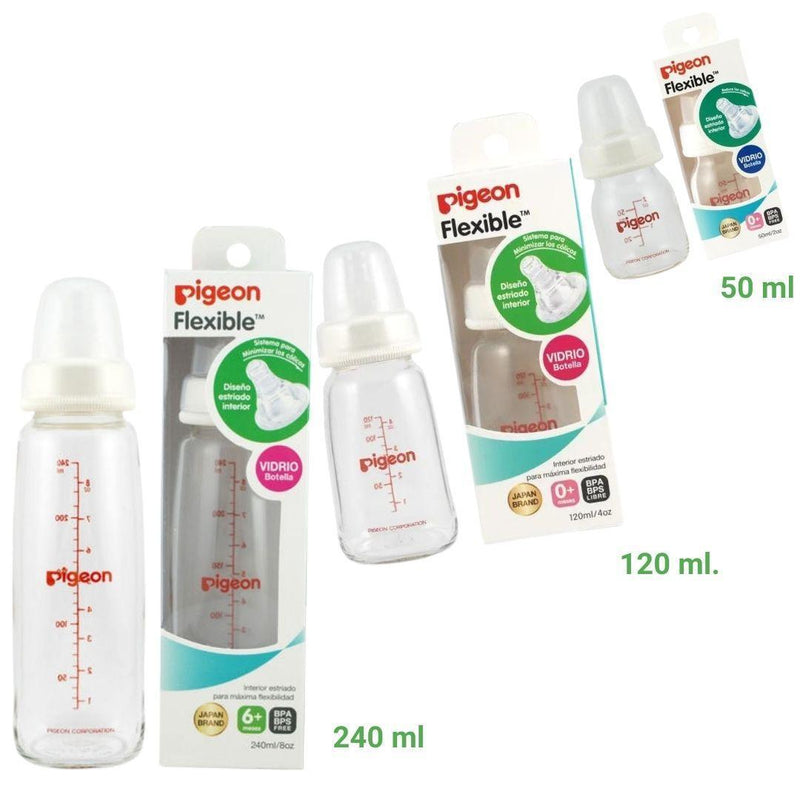 MAMADERA DE VIDRIO PIGEON FLEXIBLE 50ML. / 120 ML. /240ml. Para bebés 0m+ (recién nacidos) 0m+(primeros meses) y 6m+ - KIDSCLUB Tienda ONLINE