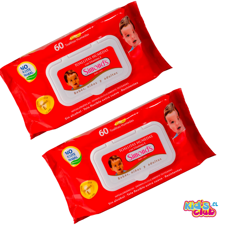 PACK TOALLA HUMEDA SIMONDS ROJA VITAMINA E 2X60 Uds. - KIDSCLUB Tienda ONLINE
