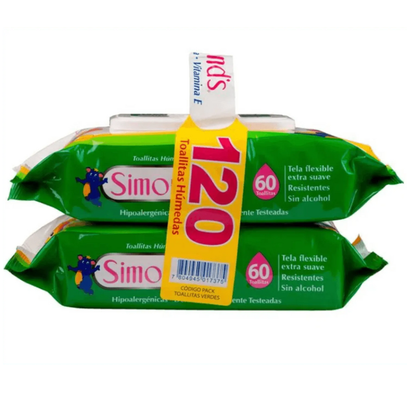 PACK TOALLA HUMEDA SIMONDS VERDE ALOE PACK 2X60 Uds. - KIDSCLUB Tienda ONLINE